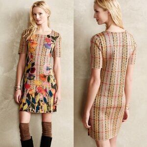 Anthropologie “Bloomline Shift” Tan Colorful Felted Flowers Sweater Dress
